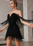 Sexy V-neck Backless Tassel Mini Hip-wrapped Bandage Tube Top Dress