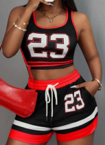 Fashion Contrast Color Sexy Sports Vest Lace-Up Shorts Two-Piece Suit For Women