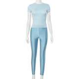 Casual Round Neck Short Sleeve High Waist Slim Trousers Suit