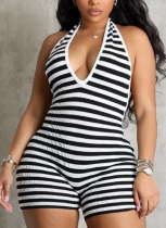 Striped Halterneck Open Back Hip-Wrapped Jumpsuit