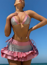 Sexy Hot Girl Glossy Contrast Bikini Three Piece Set