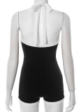 Contrast Color V-Neck Halter Neck Tie Backless Button-Decorated Jumpsuit