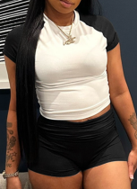 Contrast Color Short-Sleeved T-Shirt High Waist Shorts Casual Sports Two-Piece Suit (Including Hairband)