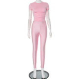 Casual Round Neck Short Sleeve High Waist Slim Trousers Suit