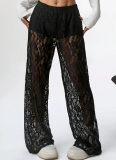 Fashionable Lace Jacquard Slightly Transparent Stitching Straight Casual Pants