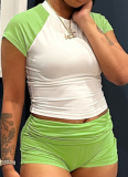 Contrast Color Short-Sleeved T-Shirt High Waist Shorts Casual Sports Two-Piece Suit (Including Hairband)