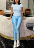 Casual Round Neck Short Sleeve High Waist Slim Trousers Suit
