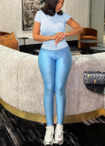 Casual Round Neck Short Sleeve High Waist Slim Trousers Suit