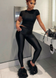 Casual Round Neck Short Sleeve High Waist Slim Trousers Suit