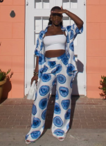 Fashion Printed Thin Shirt High Waist Wide Leg Pants Casual Suit