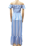 New Striped Print One-Shoulder Sweet And Fashionable Lace-Up Dress