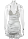 Women's White Deep V Neck Backless Sexy Pleated Dress