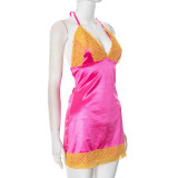 Sexy Imitation Silk Lace Splicing Halter Neck Backless Tie Drawstring Dress