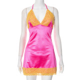 Sexy Imitation Silk Lace Splicing Halter Neck Backless Tie Drawstring Dress