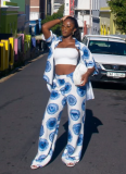 Fashion Printed Thin Shirt High Waist Wide Leg Pants Casual Suit