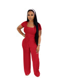 Fashion Solid Color Square Neck Short Seeve Top High Waist Wide Leg Casual Suit