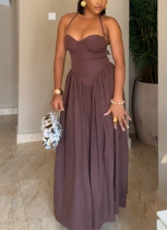 Temperament Pleated Tube Top Slim High Waist Brown Long Dress
