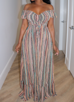 New Striped Print One-Shoulder Sweet And Fashionable Lace-Up Dress