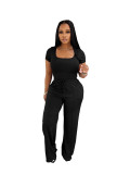 Fashion Solid Color Square Neck Short Seeve Top High Waist Wide Leg Casual Suit