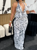 Fashionable Sexy Tie-Dye Print Halter Neck Backless Vest Tassel Long Skirt Two-Piece Suit