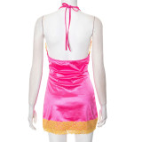 Sexy Imitation Silk Lace Splicing Halter Neck Backless Tie Drawstring Dress