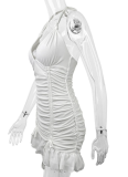 Women's White Deep V Neck Backless Sexy Pleated Dress