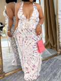 Fashionable Sexy Tie-Dye Print Halter Neck Backless Vest Tassel Long Skirt Two-Piece Suit