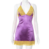 Sexy Imitation Silk Lace Splicing Halter Neck Backless Tie Drawstring Dress
