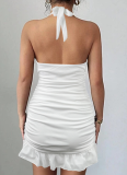 Women's White Deep V Neck Backless Sexy Pleated Dress