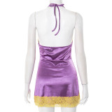 Sexy Imitation Silk Lace Splicing Halter Neck Backless Tie Drawstring Dress