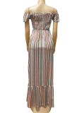 New Striped Print One-Shoulder Sweet And Fashionable Lace-Up Dress