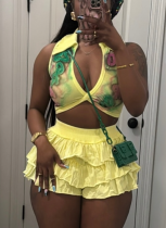 Sexy Hot Sale Printed Elastic Ruffle Shorts Two Piece Set