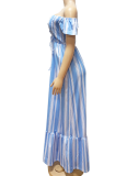 New Striped Print One-Shoulder Sweet And Fashionable Lace-Up Dress