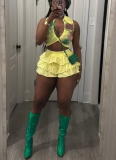 Sexy Hot Sale Printed Elastic Ruffle Shorts Two Piece Set