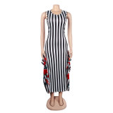 Casual Stitching Printed Striped Ruffled Sleeveless Vest Dress
