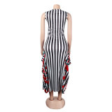 Casual Stitching Printed Striped Ruffled Sleeveless Vest Dress