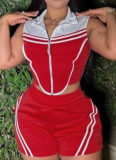 Casual Striped Stitching Contrast Color Sleeveless Elastic Slim Fit Sports Two-Piece Suit