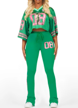 Fashion V-Neck Net Eye Letter Print Top Slightly Flared Pants Two-Piece Suit For Women