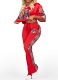 Fashion V-Neck Net Eye Letter Print Top Slightly Flared Pants Two-Piece Suit For Women