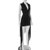Lapel Button Sleeveless Bodysuit Tassel Tie Skirt Set