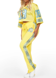 Fashion V-Neck Net Eye Letter Print Top Slightly Flared Pants Two-Piece Suit For Women
