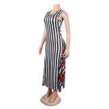 Casual Stitching Printed Striped Ruffled Sleeveless Vest Dress