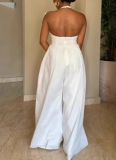 Elegant Halterneck V-Neck Backless Slim Fit Solid Color Wide-Leg Jumpsuit For Women