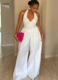Elegant Halterneck V-Neck Backless Slim Fit Solid Color Wide-Leg Jumpsuit For Women