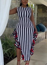 Casual Stitching Printed Striped Ruffled Sleeveless Vest Dress