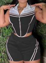 Casual Striped Stitching Contrast Color Sleeveless Elastic Slim Fit Sports Two-Piece Suit