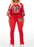 Fashion V-Neck Net Eye Letter Print Top Slightly Flared Pants Two-Piece Suit For Women