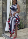 Casual Stitching Printed Striped Ruffled Sleeveless Vest Dress