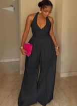 Elegant Halterneck V-Neck Backless Slim Fit Solid Color Wide-Leg Jumpsuit For Women