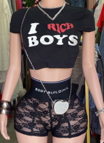 Sexy Letter Print Tops Casual Lace Shorts Two Piece Hot Girl